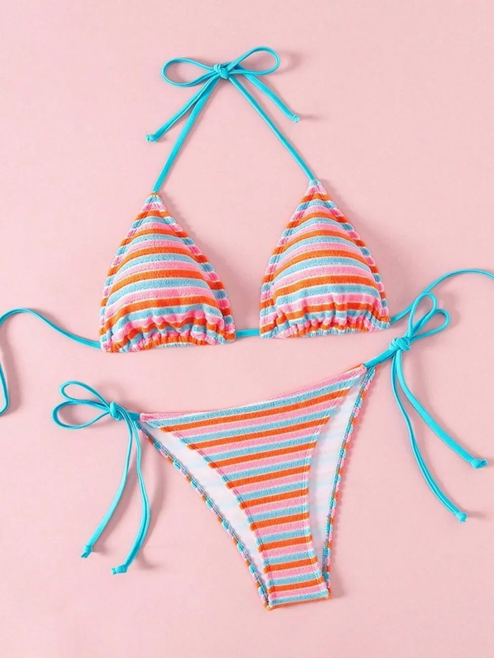 Multicolor Cute Women's Contrast Color Halter Tie bikini Set